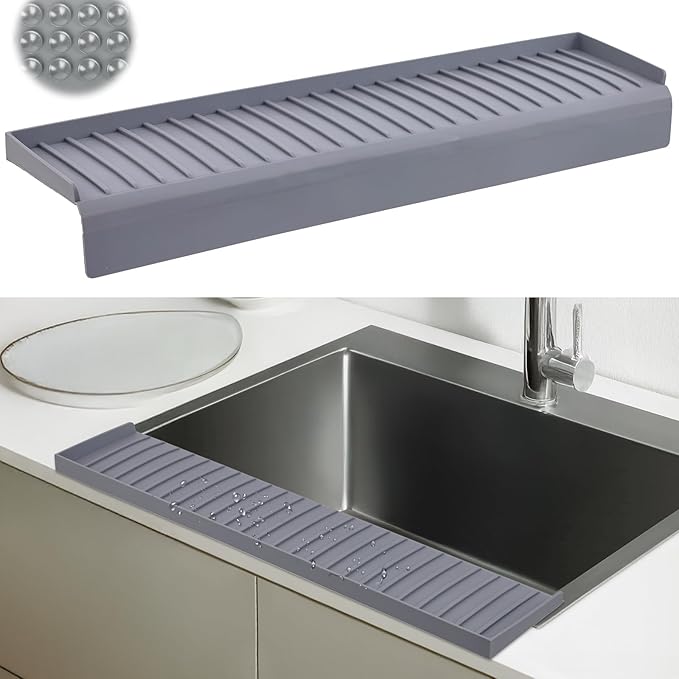 AyNirser Sink Edge Protector with Suction Cup 4"x24", Silicone Sink Splash Guard for Kitchen & Bathroom, Protect Countertop from Scratches, Stains, for Stainless Steel Granite Quartz-Grey