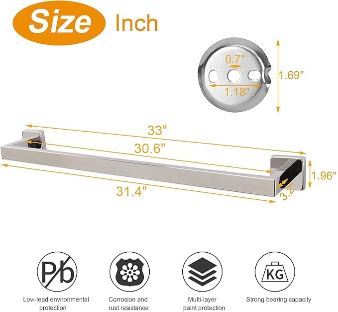 TocTen Bath Towel Rack - Square Base Thickened SUS304 Stainless Steel Towel Bar for Bathroom, Bathroom Accessories Towel Rod Heavy Duty Wall Mounted Towel Holder. (Chrome, 33)
