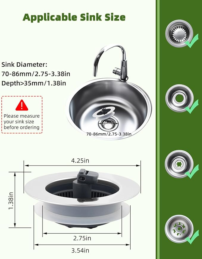 Universal 3-in-1 Kitchen Sink Strainer Stopper Pop Up Sink Drainer with Upgrade Folded Handle, for US Standard 3-1/2 inch Drain Filter, Chrome Stainless-wrapped Shell, Anti-clog