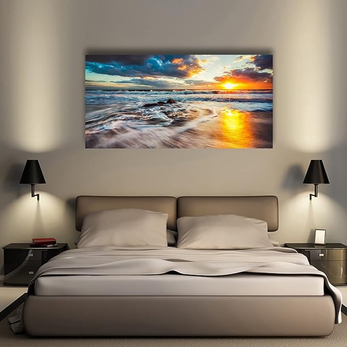 Yxbhhym-Large Ocean Wall Art for Living Room Canvas Beach Painting Sunrise Print Art Sunset Seascape Wall Pictures Yellow Sea Waves Poster Decoration Office Kitchen Wall Décor Bedroom Accessories