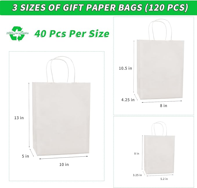 FACEBAG 120 Pack White Kraft Paper Bags with Handles Bulk, Assorted Sizes Gift Bags for Favors Grocery，Retail，Party，Festival，Wedding，Birthday，Shopping，Business，Goody Craft Merchandise Take Out Sacks