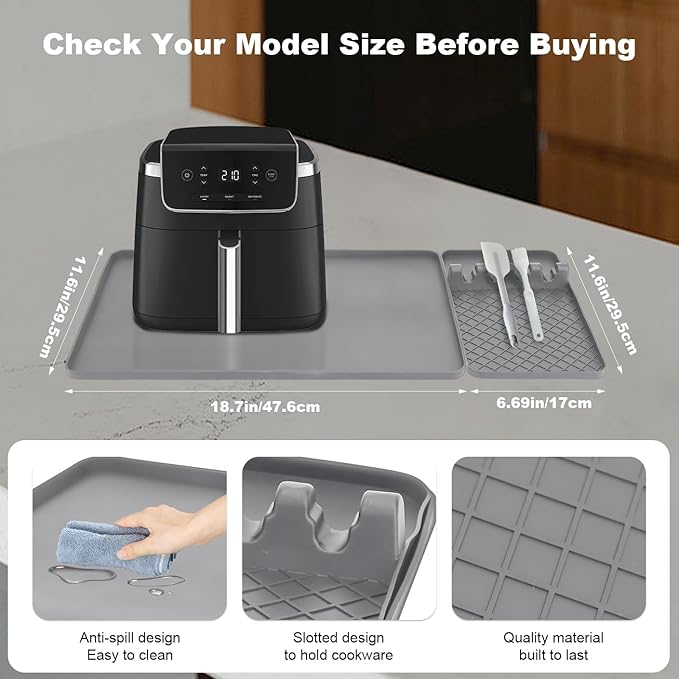 Silicone Heat Resistant Mat for Countertop - 24x16 Inch Air Fryer Mat with Kitchen Accessories Holder Pad for Microwave/Oven, Compatible with Ninja/Cosori/Chefman/Toshiba - Grey