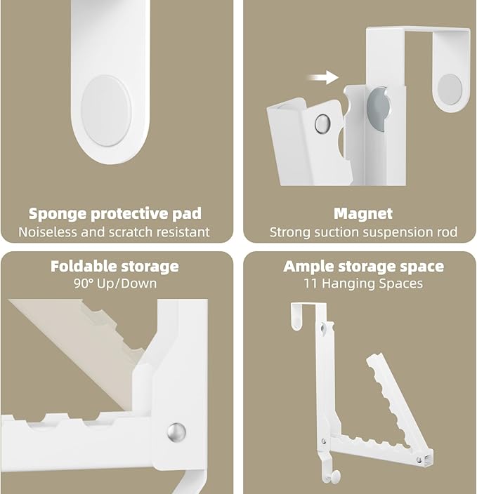 BAKON Over The Door Hangers, Over Door Hooks for Hanging, Small Space Dual Folding Portable Over Door Clothes Hanger for Clothes, Hats, Bags and Towels (1Pack,White(Update))