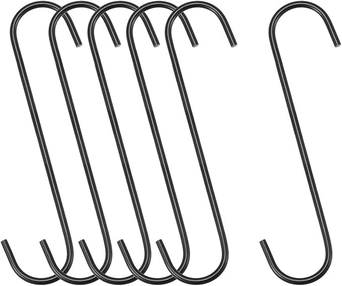 uxcell S Hanging Hooks, 8inch/200mm Extra Long Steel Hanger, Indoor Outdoor Uses for Garden, Bathroom, Closet, Workshop, Kitchen, Black, 6Pcs