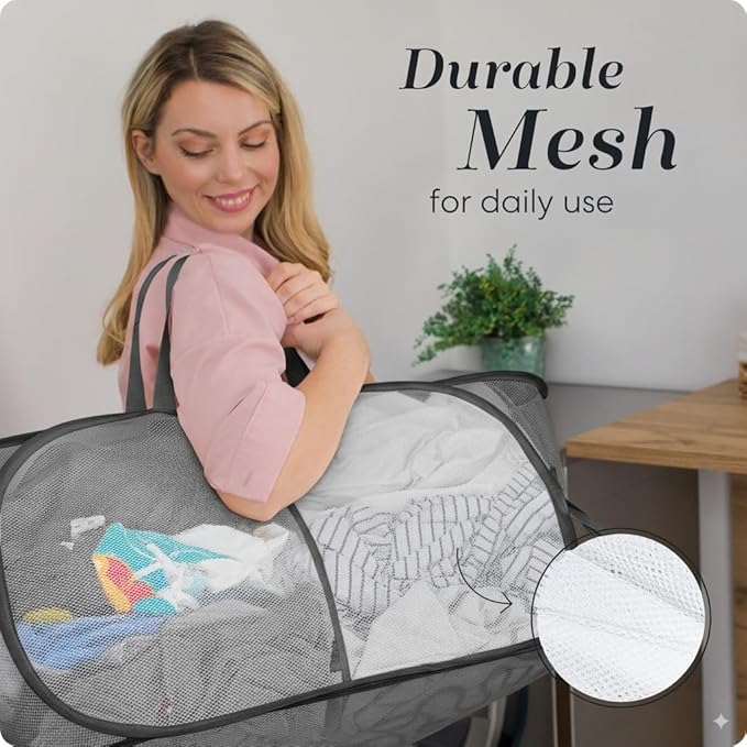 Foldable Laundry Basket - Popup and Collapsible, Durable Mesh Material, Folds for Storage, Easy Carry Handles - Great Hamper for College Dorm, Laundry Room or Travel (Grey, 2-Compartments)