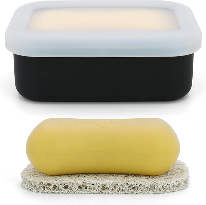 Enhanced Leak Proof Travel Soap Case, Compact Silicone Travel Soap Dish with Drainage Pad, Great for Gym, Camping, Business Trip (Black)