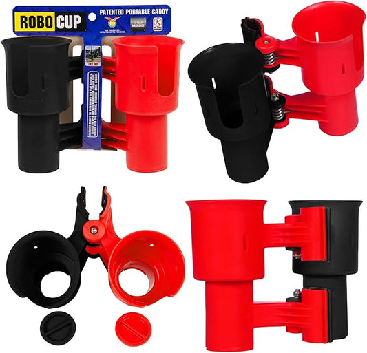ROBOCUP, (Red & Black), Patented Clamp On Boat Cup Holder | Multifunction Dual Drink Caddy for Fishing Poles, Tools, Net, Gaff | Portable Storage for Boating, Beach, Umbrellas, Golf Carts, Strollers
