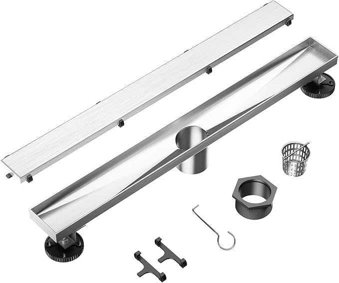 Neodrain 24-Inch Linear Shower Drain - with 2-in-1 Flat & Tile Insert Cover, Brushed 304 Stainless Steel Rectangle Shower Floor Drain, Floor Shower Drain