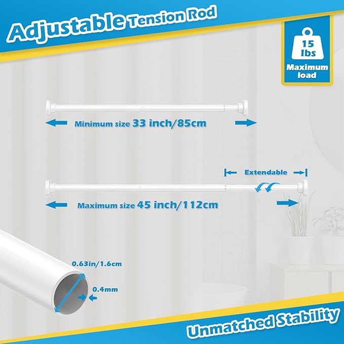 2pcs Spring Tension Rods 33 to 45 inch Adjustable Small Tension Curtain Rod No Drilling Expandable Tension Rod White Spring Loaded Curtain Rods for Windows, Doorway, Closet