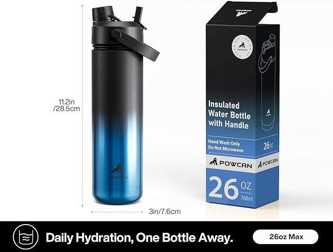POWCAN 26 oz Insulated Water Bottle with 2-in-1 Straw and Spout Lid, Keep Cold 24H, Leak-Proof, Fits in Car Cup Holder, Stainless Steel Water Bottle for Sports, Travel, Gym, Gift, and School (Mariner)