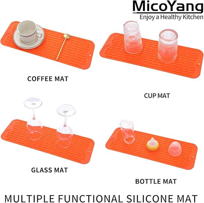 MicoYang Silicone Dish Drying Mat for Multiple Usage,Easy clean,Eco-friendly,Heat-resistant Silicone Mat for Kitchen Counter,Sink,Bar,Bottle,or Cup Orange M 17 inches x 6 inches