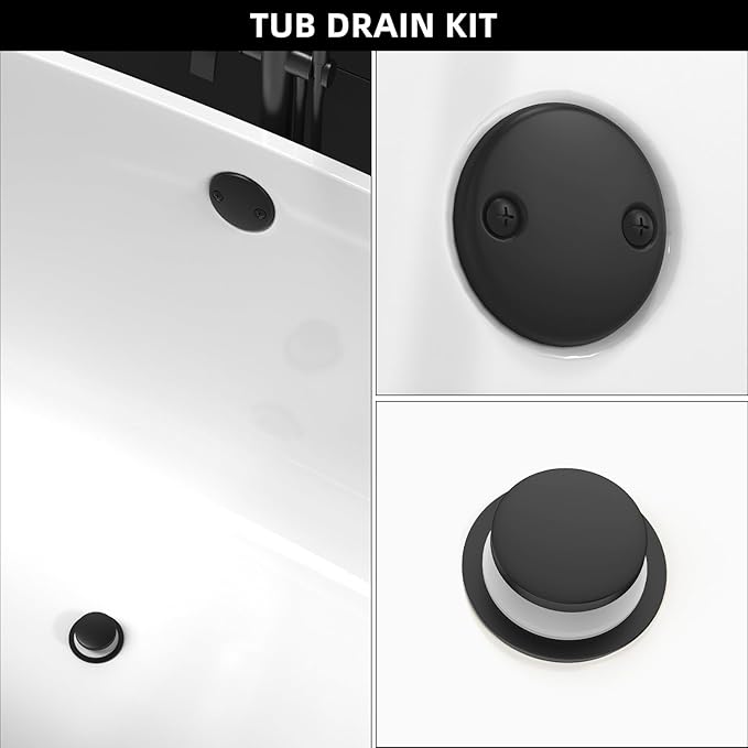 Homeslea Matte Black Tub Drain Kit, Tip-Toe Bathtub Drains and Overflow Trim Set with 2-Hole Overflow Faceplate, Bathroom Bath Tub Drain Stopper Replacement Kit with Hair Catcher, Tub Faucet Set