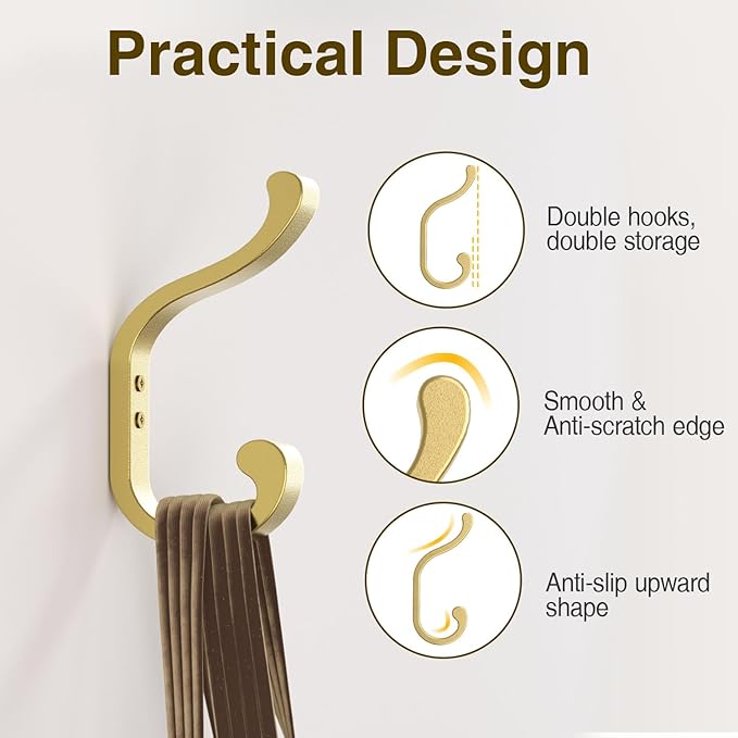 Gold Wall Hooks for Hanging Coats: Metal Mount - Large Heavy Duty (30 Lb) - Screw-In - Mudroom for Clothes, Backpack, Purse, Bathroom Towel, 6 Pack