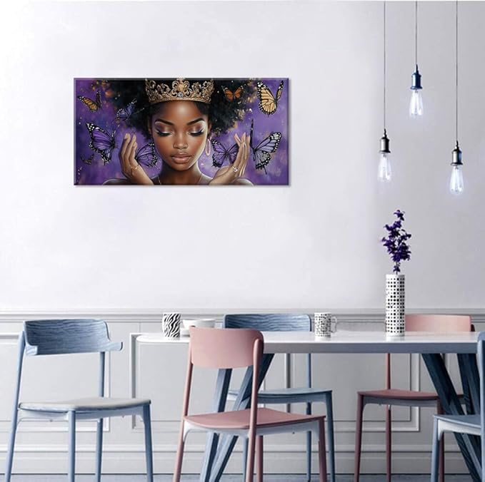 ZESTRILIA African American Wall Art for Girls Room Purple Black Butterfly Canvas Painting Prints Artwork Living Bedroom Office Decor Large (46x23 Inches)
