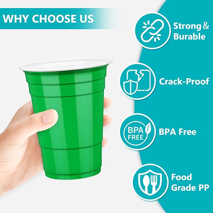 LANLISA 50 Green Plastic Cups, 16 oz Disposable Cups, Drinking Cups For Birthday Party, St Patricks Day, Christmas