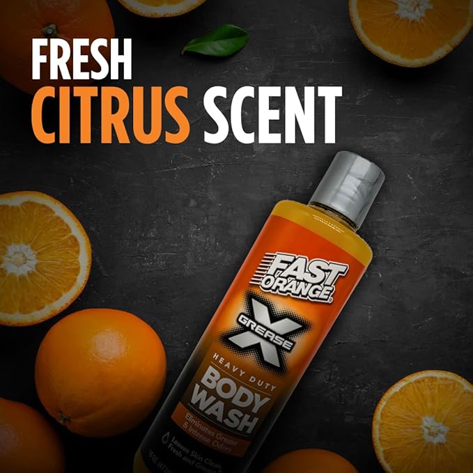 Fast Orange 25716 Grease X Body Wash, Exfoliating & Hydrating Heavy Duty Shower Gel for Men and Women, Mechanic & Industrial Body Soap Removes Grime, Oil, Automotive Odors & More, Citrus Scent 16 Oz.