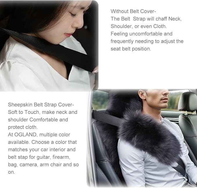 OGLAND Fuzzy Sheepskin Seat Belt Cover, Fluffy Seatbelt Pad for Plush Wool Adults Women Pet Universal Car Accessories 2 Pack (Dark Red)