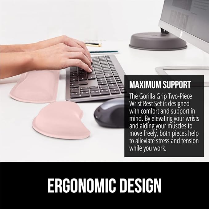 GORILLA GRIP Silky Gel Memory Foam Wrist Rest for Computer Keyboard, Mouse, Ergonomic Design for Typing Pain Relief, Desk Pads Support Hand Arm Mousepad Rests, Stain Resistant, 2 Piece Pad, Light Pink