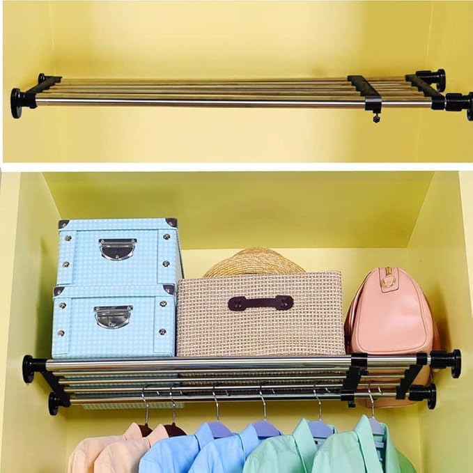 BAOYOUNI Adjustable Shelving Expandable Closet Shelves Tension Rod Clothes Hanger Storage Rack DIY Cabinet Wardrobe Kitchen Bathroom Divider Separator Organizer, Black, 2 Pack