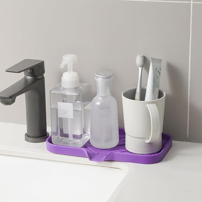 Silicone Bathroom Soap Dishes with Drain Spout - Bathroom and Kitchen Sink Organizer, Sponge Holder, Dish Soap Tray, Perfect for Dispenser, Scrubber, Bottle, Cup on Sink or Counter - Purple 9.6" × 5.3"