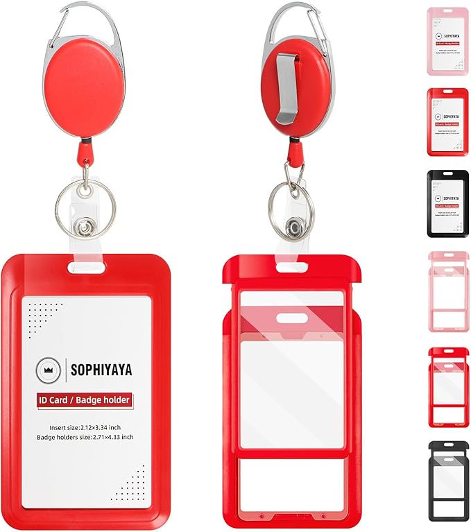 Badge Holder and Retractable Reel, ID Badge Holders with Retractable Clip for Office Factory Teacher Student Women Men (Red, Double Sided)