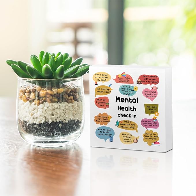 Therapy Office Decor Wooden Box Sign, Mental Health Check In Decorations,Mental Health Gifts for Psychologist Counselor, Rustic Farmhouse Home Office Classroom Desk Table Decor Wood Block Plaque