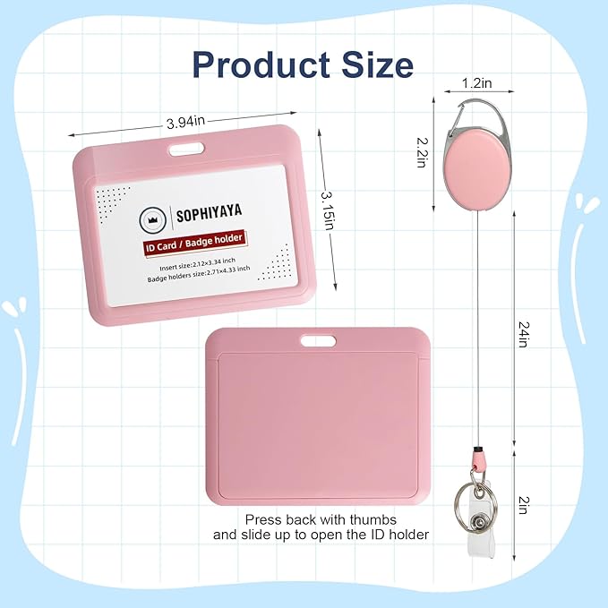 ID Badge Holder with Clip Badge Reels Retractable Heavy Duty Id Card with Carabiner Badge Reel with 24 inches Pull Cord for Office, School, Factory, Teacher (Red, Horizontal)