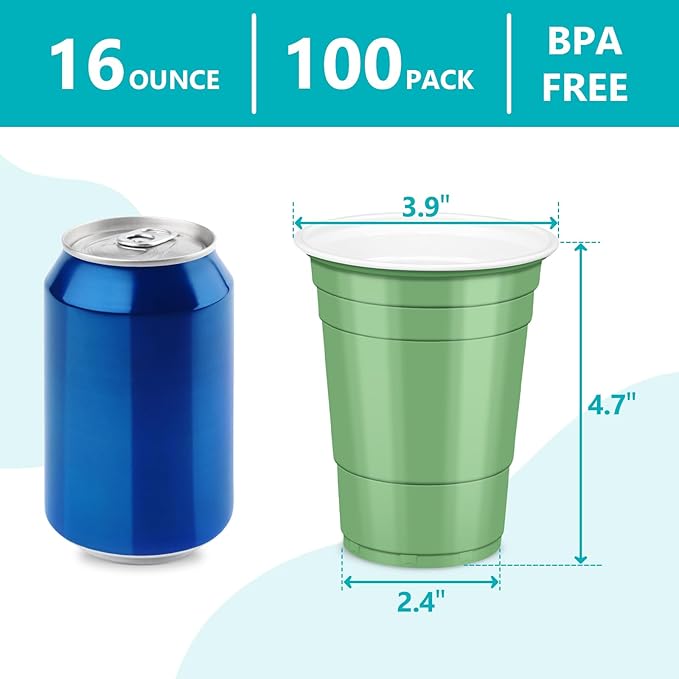 LANLISA 100 Sage Green Plastic Cups, 16 oz Disposable Cups, Drinking Cups For Birthday Party, Baby Shower, Easter Party