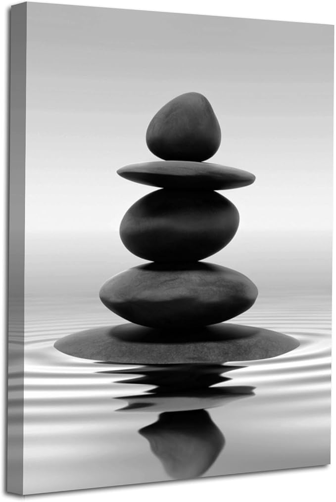 LZIMU Black and White Zen Wall Art Stones in Water Pictures Print on Canvas for Bathroom Yoga Meditation Spa Room Living Room Bedroom Wall Decorations Framed (Zen-1, 24"x36" (60x90cm))