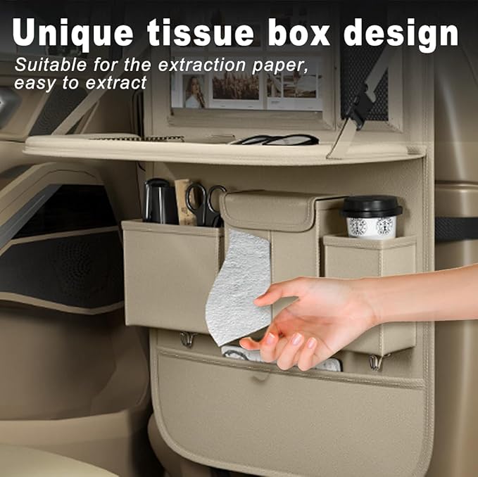 XDV Car Seat Organizers, Multi-functional Back Seat Protectors, Storage Pouches, and Tray Holders (for Cars, Kids, Seat Back and Rear Seats) (Plain Beige, 1 Pc)