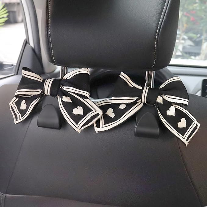 Mandark 2PCS Car Seat Headrest Hooks, Cute Bow Vehicle Hooks for Purses and Bags, Auto Purse Hook Hanger Interior Decoration Accessories, Universal for SUV, Sedan, Truck (Black Line)