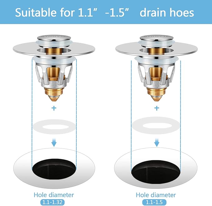 2Pcs Bathroom Sink Stoppers ，Pop Up Drain Stopper for Bathroom Sink，‎2-in-1 Sink Stopper & Strainer,Universal Wash Basin Sink Stopper，for 1.1"~1.5" Bathroom Sink Drain（Silver）