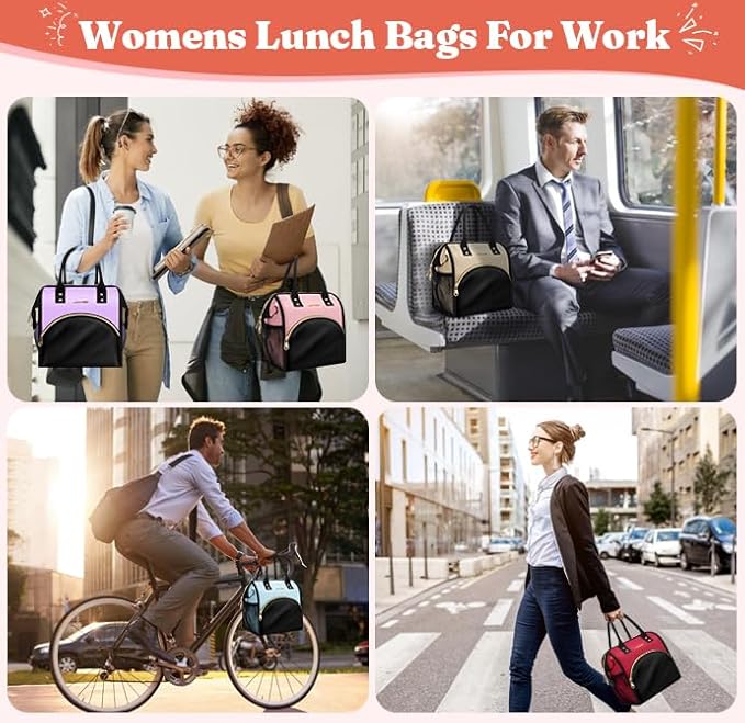 Lunch Bag for Women, Insulated Lunch Box, Wide-Open Lunch Tote Bag with Large Drinks Holder, Durable Nylon Thermal Snacks Organizer for Men, Adults, Work, Picnic, Hiking, Beach, Fishing (Pink + Black)