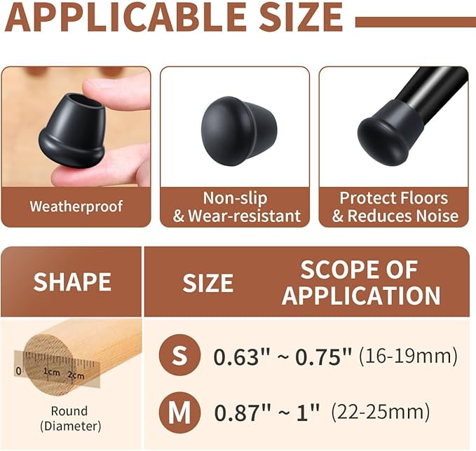 Ezprotekt 1" Rubber Chair Leg Caps, 24 Pcs Round Non-Slip Chair Leg Floor Protectors, Furniture Stool Leg Feet Covers for Bar, Tables, Patio Metal Legs, Black (M Fit: 0.87" - 1")
