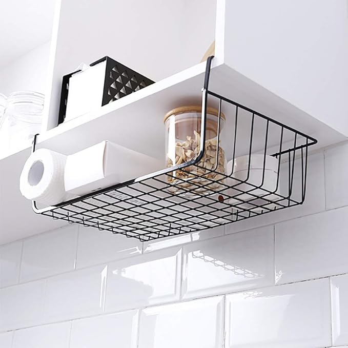 Dveda 4 Pack Under Shelf Basket, Under Cabinet Organizer Shelf, Durable Metal Wire Rack Hanging Basket Storage Rack, Shelf Organizing for Kitchen/Pantry/Bathroom/Desk-Slide Arms Height:1.45in(Black)