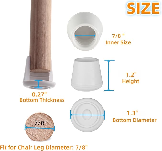 7/8" Chair Leg Tips Caps, Non-Slip Rubber Leg Tips, Stool Leg Protectors Cap, Folding Metal Chair Leg Tip Replacement, Chair Leg Floor Protectors Round White, 12 Pack