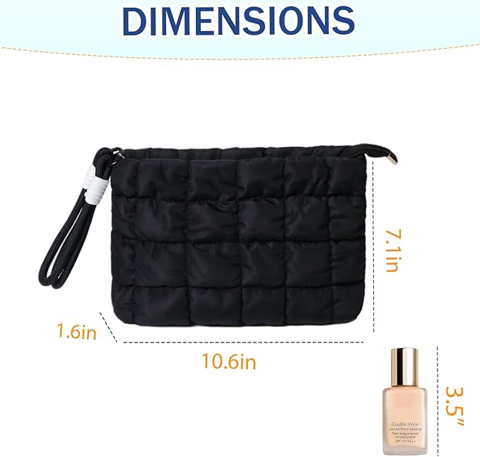 Puffy Quilted Makeup Bag Cosmetic Bag Equipped with a Detachable Handle Cute Zipper Pouch for Storage Clutch for Women (Black)