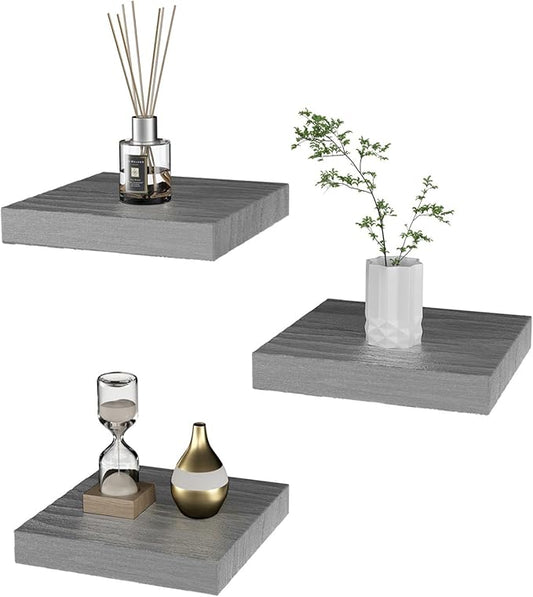 Small Floating Shelves for Wall - 6 Inch Mini Square Grey Shelves for Bedroom, Living Room, Bathroom, Kitchen, Office Decor Set of 3