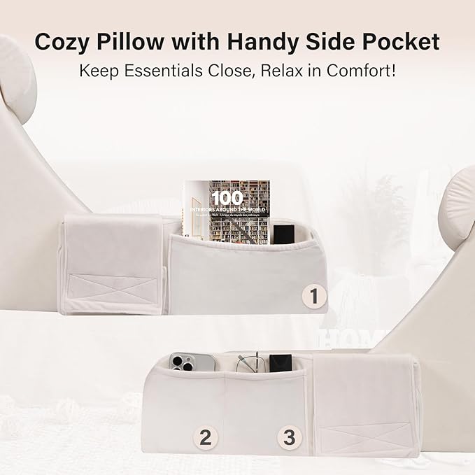 ENITYA 19" Back Pillow for Bed Sitting up, Big Pockets and Washable Removable Cover, Reading Chair for Watching TV/Reading/Gaming/Resting in Bed, Couch or Floor, Medium(Ivory)