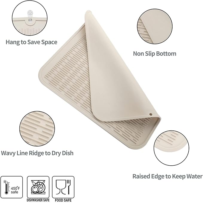 MicoYang Silicone Dish Drying Mat for Multiple Usage,Easy clean,Eco-friendly,Heat-resistant Silicone Mat for Kitchen Counter or Sink,Refrigerator or Drawer Liner Tapioca 2XL 24 inches x 18 inches