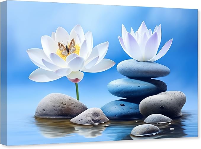 ARTZGX Zen Canvas Wall Art for Bathroom Lotus Pictures Blue Spa Stone Painting Butterfly Flower Artwork for Yoga Decor Frame(Zen - B 24.00" x 36.00")