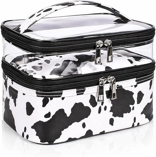 Double-layer Cosmetic Bag Makeup Bag Travel Makeup Bag Makeup Bags for Women Cosmetics Cases Portable Waterproof Foldable (Cow Print)