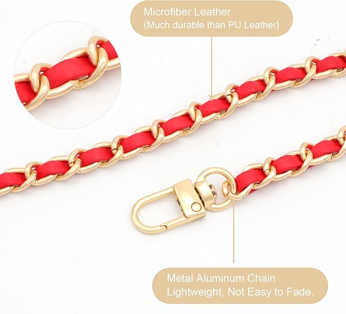Gold Purse Chain, 4 Sizes Replacement DIY Bag Strap - Leather Metal Braided - Red/Gold (15.4 Inch, 23.6 Inch, 31.4 Inch, 47.2 Inch)