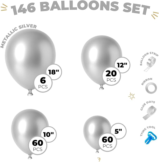 Balloon Garland Arch Kit – 146 Pcs Metallic Silver Balloons for Baby Shower, Birthday, Gender Reveal, Wedding Party – DIY Kit by Vellax™