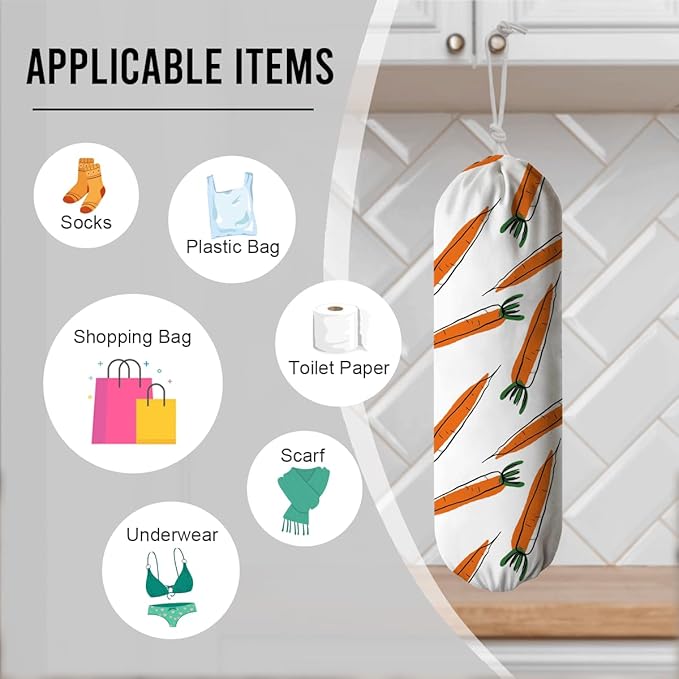 Carrots Plastic Bag Holder, Grocery Bags Storage Organizer, Reusable Shopping Bags Holder Dispenser for Kitchens Pantry, Country Style Home Decor, Housewarming Gift, Kitchen Pattern Garbage Bag 44