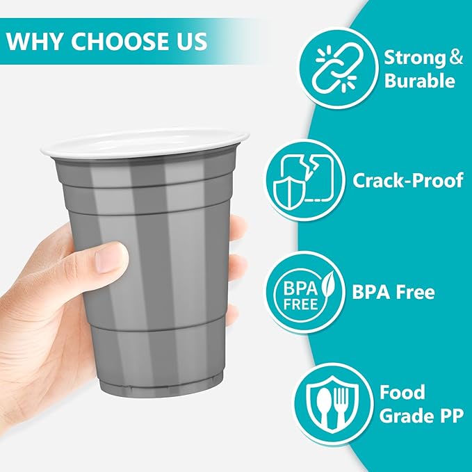 LANLISA 50 Gray Plastic Cups, 16 oz Disposable Cups, Drinking Cups For Party Supplies