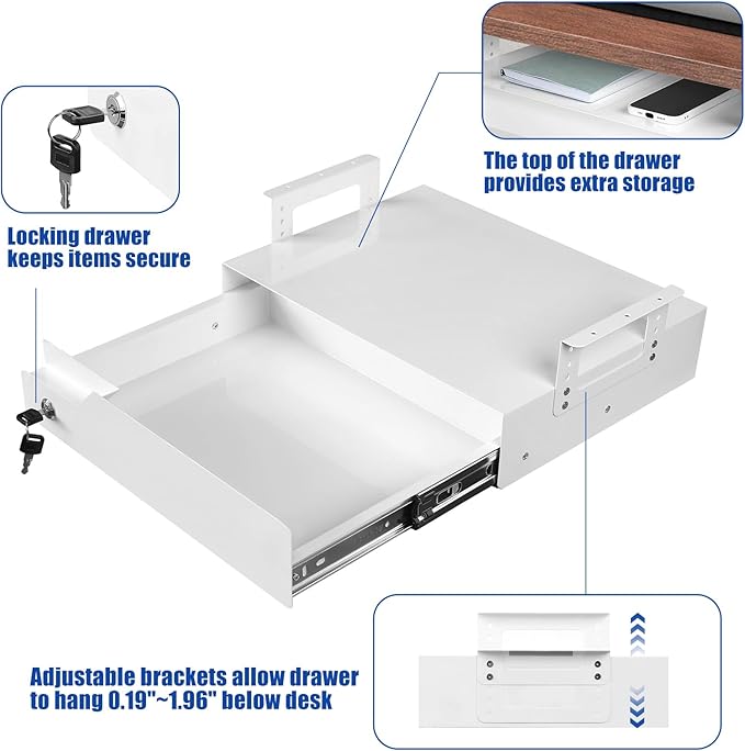 Under Desk Drawer Organizer Lockable, Metal Undermount Table Drawer Upgrade with Adjustable Brackets, Sliding Pull-Out Storage 17.3"x11.8"x5.4", White