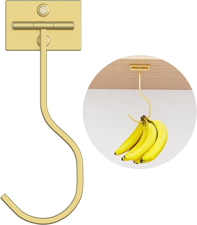 Under Cabinet Banana Hook Adhesive: Foldable Banana Hanger, Gold Metal Banana Holder for Kitchen & RV, Space-Saving Design, Folding with Magnets When Not in Use, Keep Bananas Fresh