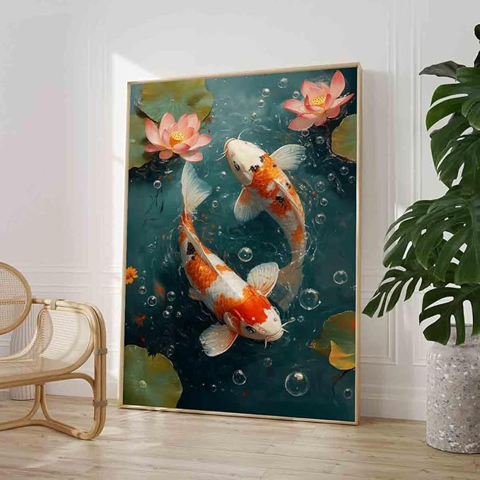 Koi Fish Wall Art Chinese Style Painting Pink Lotus Pond Wall Art Carp Picture Koi Fish Artwork Good Luck Painting Traditional Chinese Modern Aesthetic Picture Living Room Decor 16x24inch No Frame