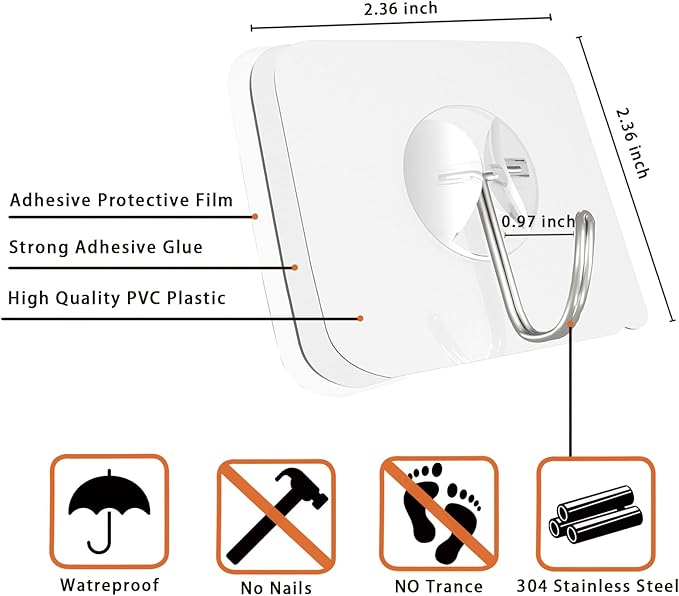 Heavy Duty Adhesive Wall Hooks - Strong & Transparent, Hold up to 22lb, Waterproof & Reusable, Ideal for Kitchen, Bathroom, and Office (20 Pack)